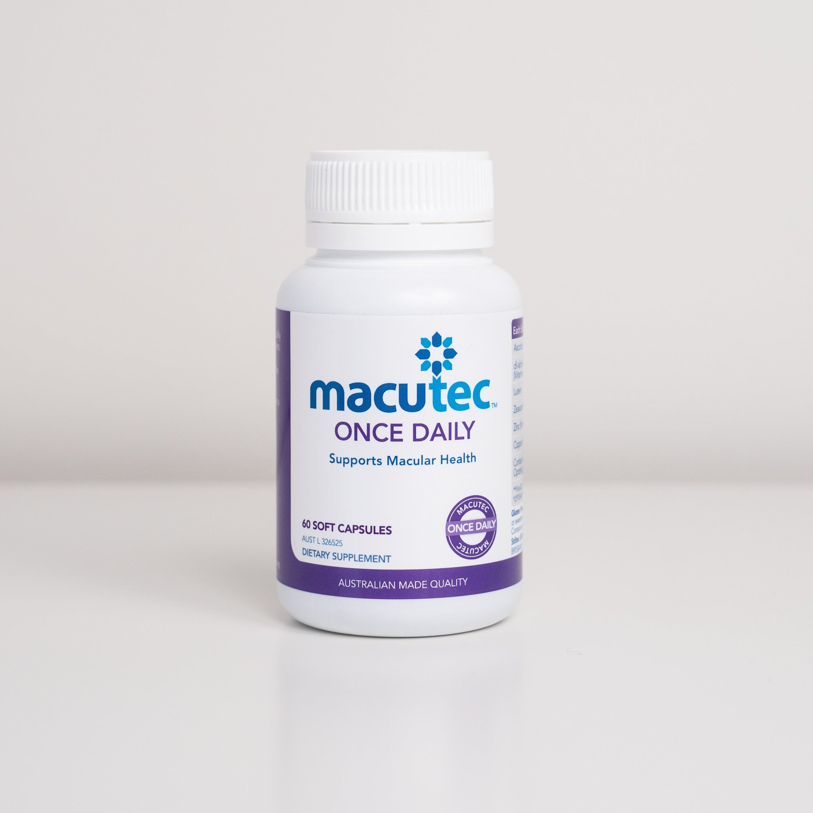 Macutec Once Daily supplement bottle on a white background