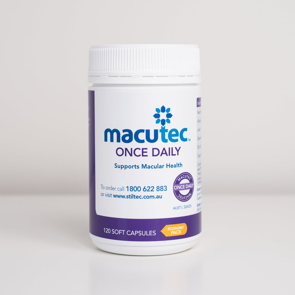 A jar of Macutec Once Daily supplement with 120 capsules to support macular health.