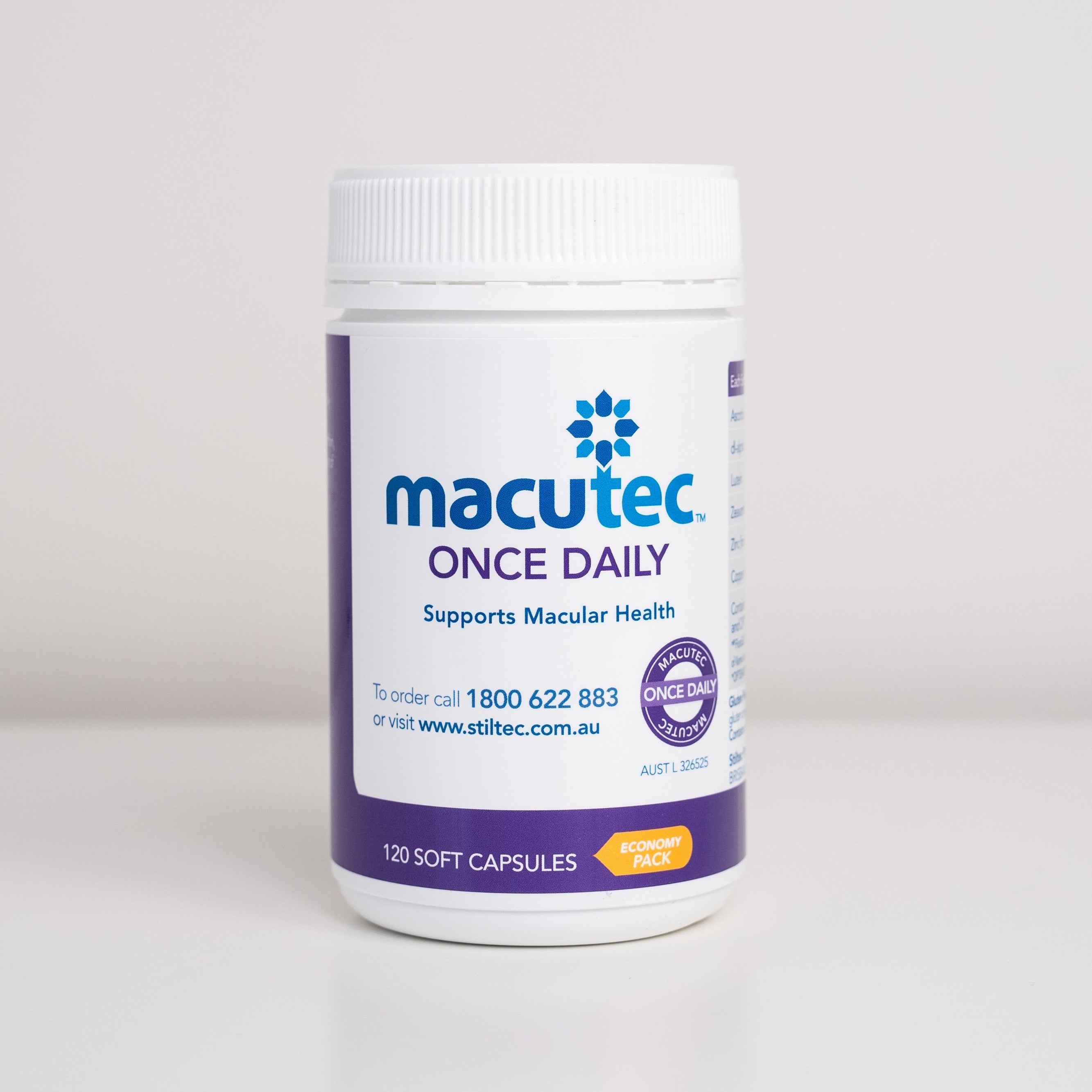 A jar of Macutec Once Daily supplement with 120 capsules to support macular health.
