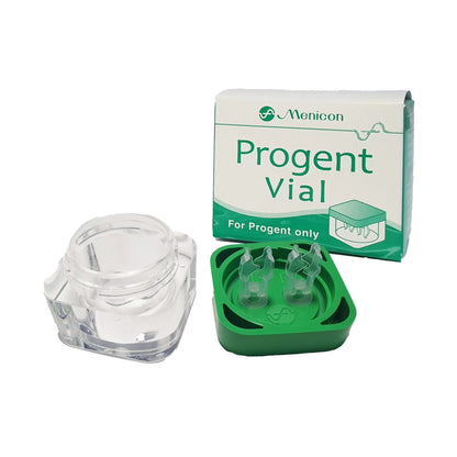 Menicon Progent Vial packaging with clear vial and green holder on a white background