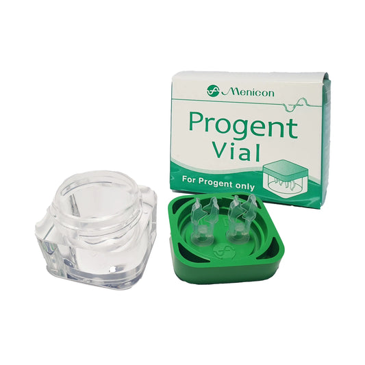 Menicon Progent Vial packaging with clear vial and green holder on a white background