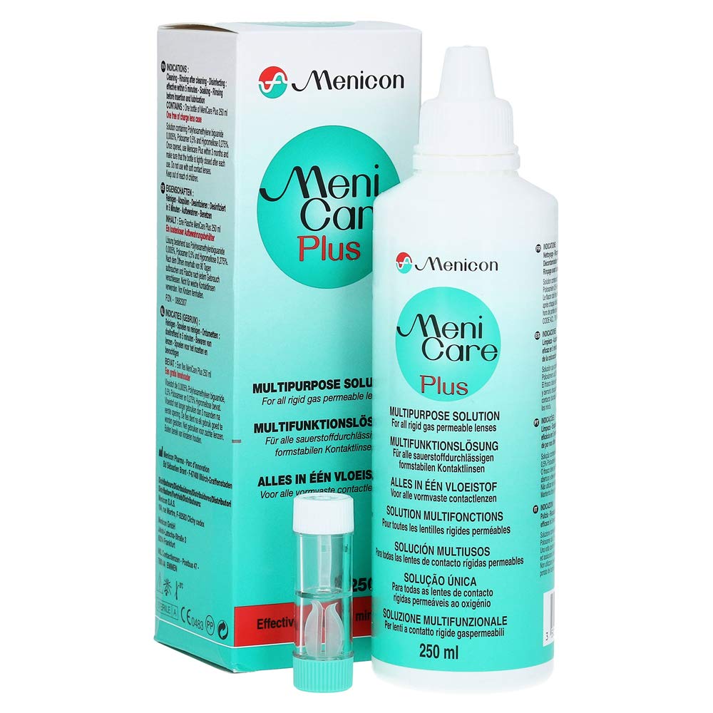 A 250ml bottle of Menicon Menicare Plus Multipurpose Solution for all RGP contact lenses.