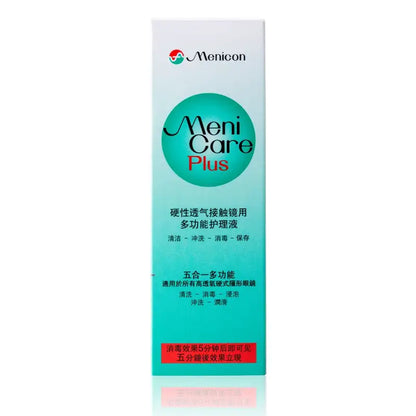 Menicon MeniCare Plus contact lens solution bottle on a white background