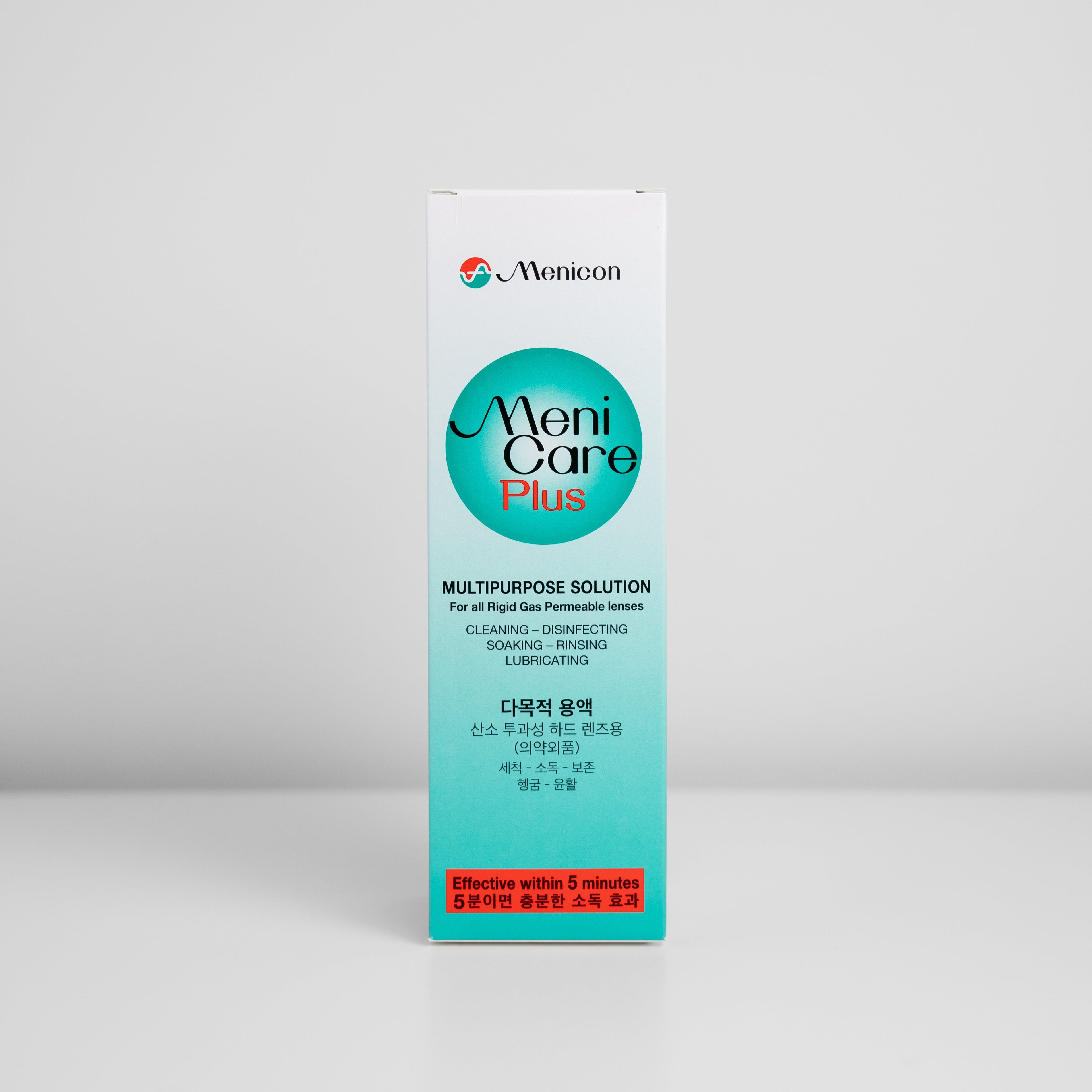Menicare Plus multipurpose solution box on a white background