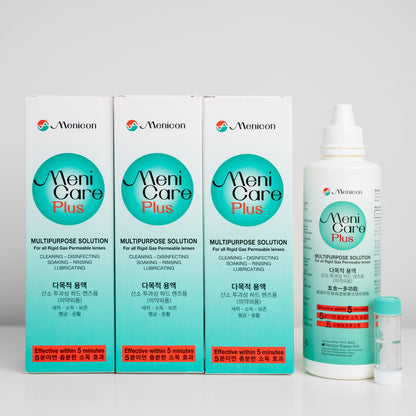 Triple pack box and bottle of Menicare Plus contact lens solution


