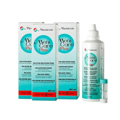 A triple pack of Menicon Menicare Plus Contact Lens Solution.
