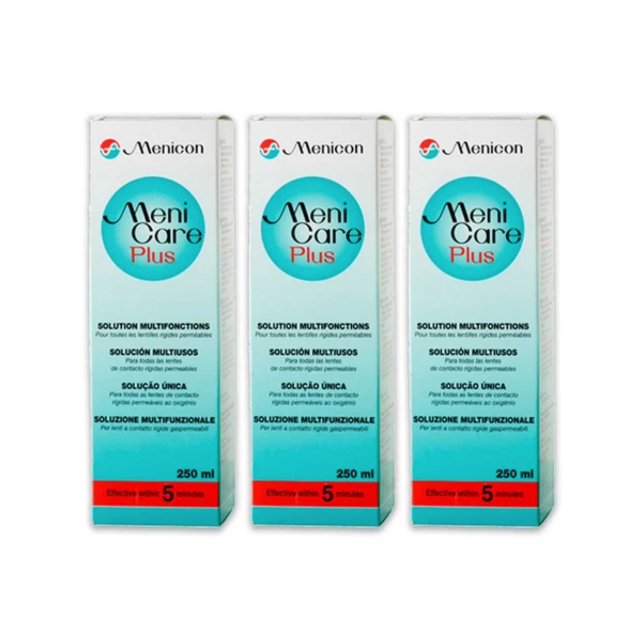 Three boxes of MeniCare Plus solution by Menicon on a white background