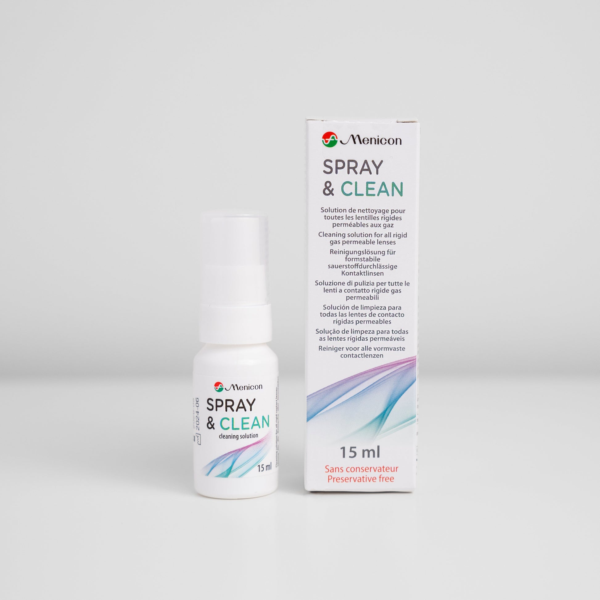 Menicon Spray & Clean Contact Lens Cleaner 15ml bottle and box