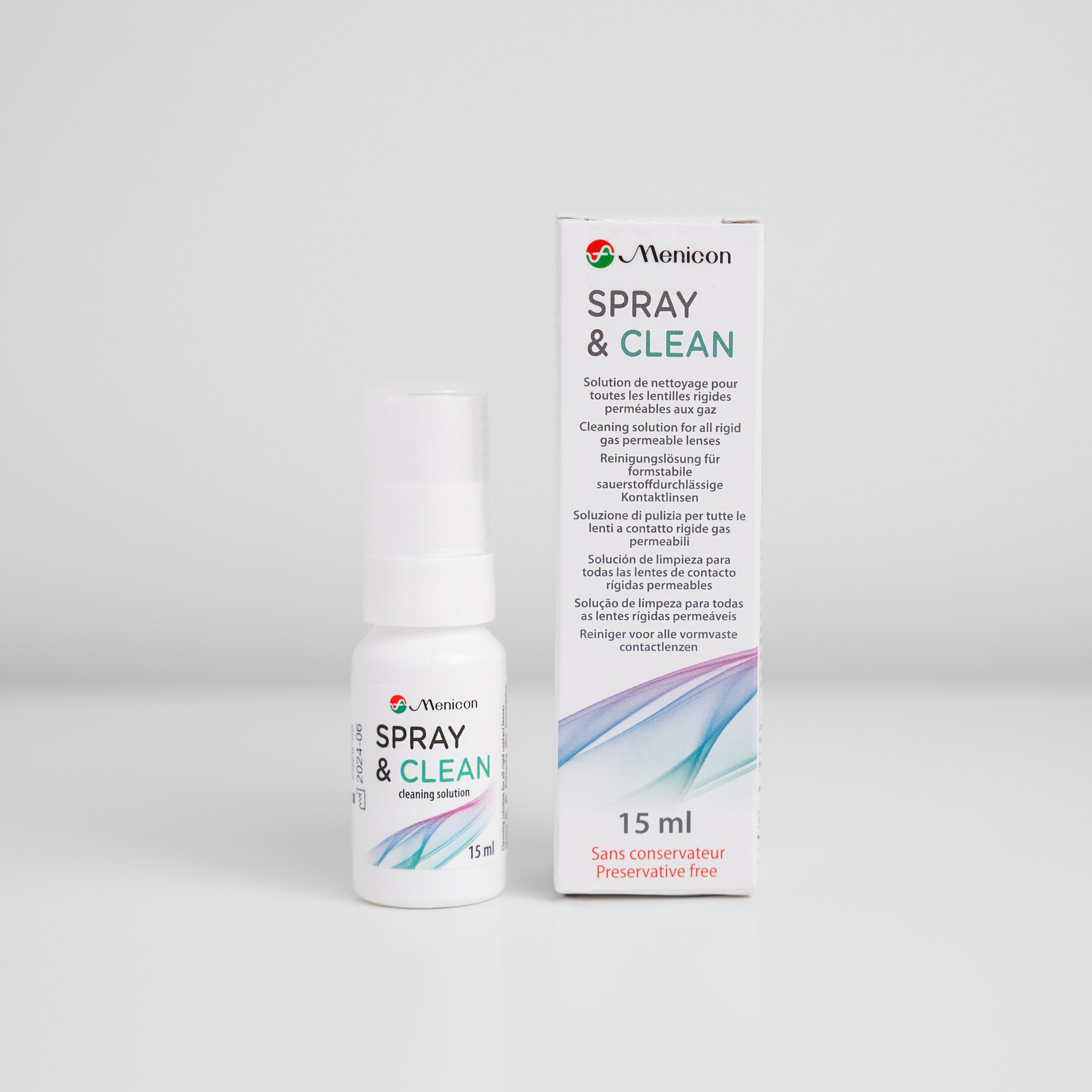 Menicon Spray & Clean Contact Lens Cleaner 15ml bottle and box