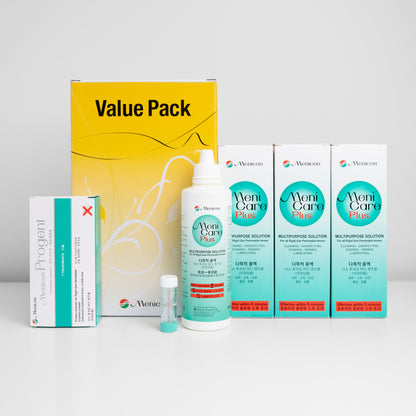 Menicon Value Pack including 3x 250ml bottles of Menicare Plus Contact Lens Solution, Menicon Progent and Case.