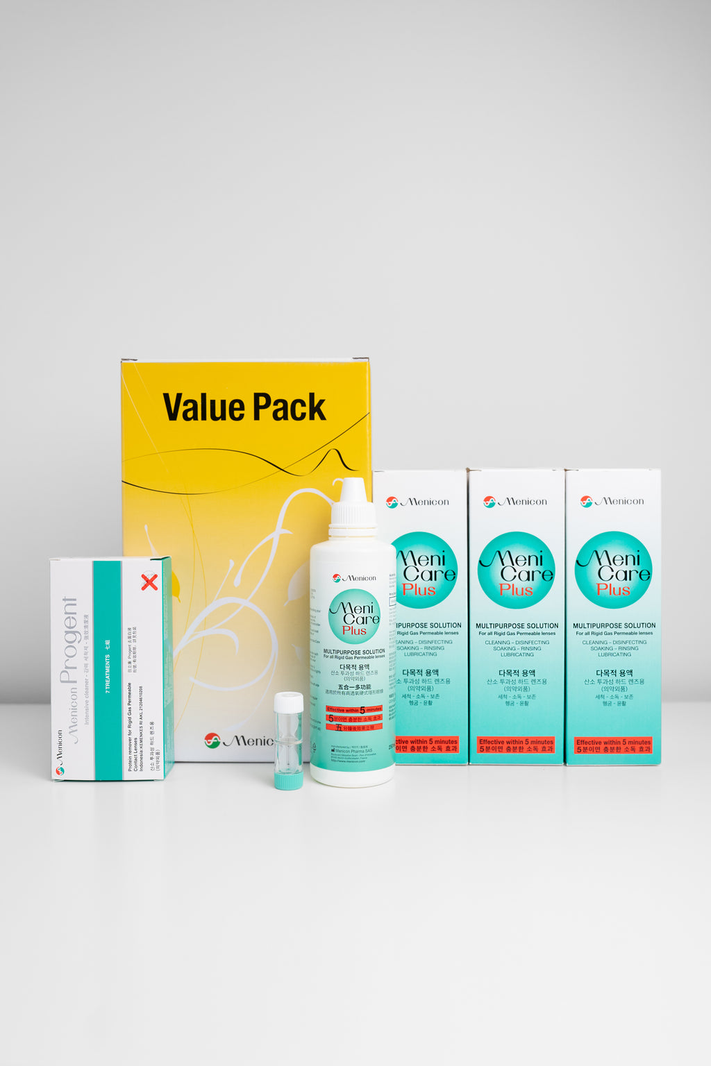 Menicon Value Pack including 3x 250ml bottles of Menicare Plus Contact Lens Solution, Menicon Progent and Case. 