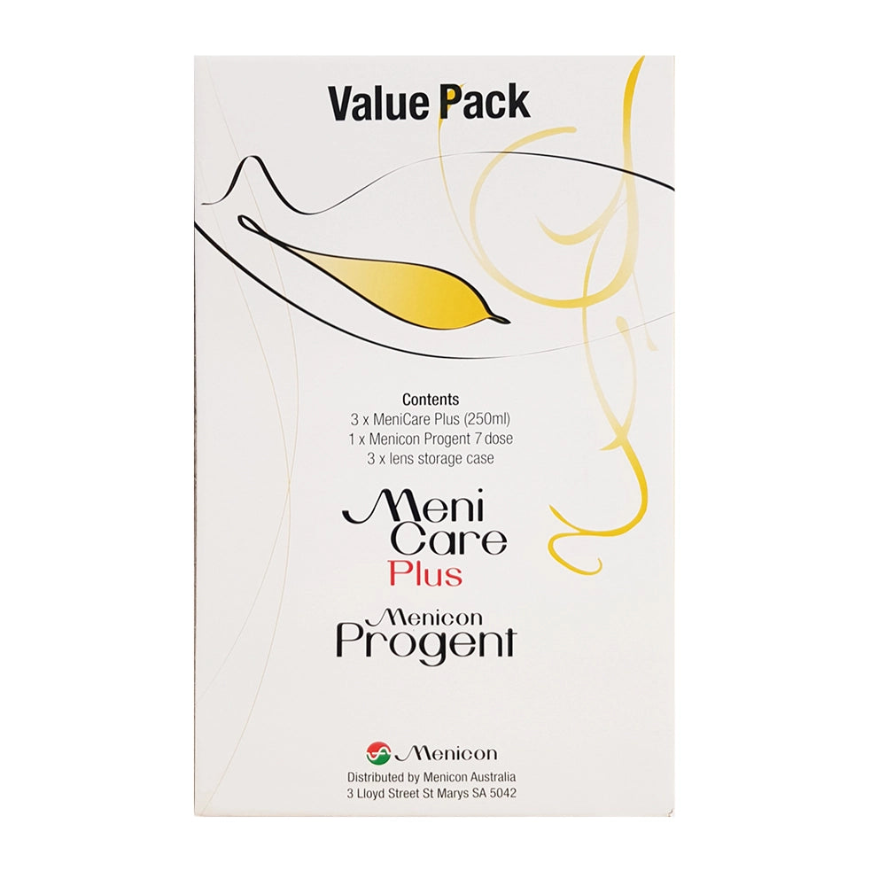 Meni Care Plus and Menicon Progent value pack on a white background