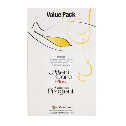 Meni Care Plus and Menicon Progent value pack on a white background
