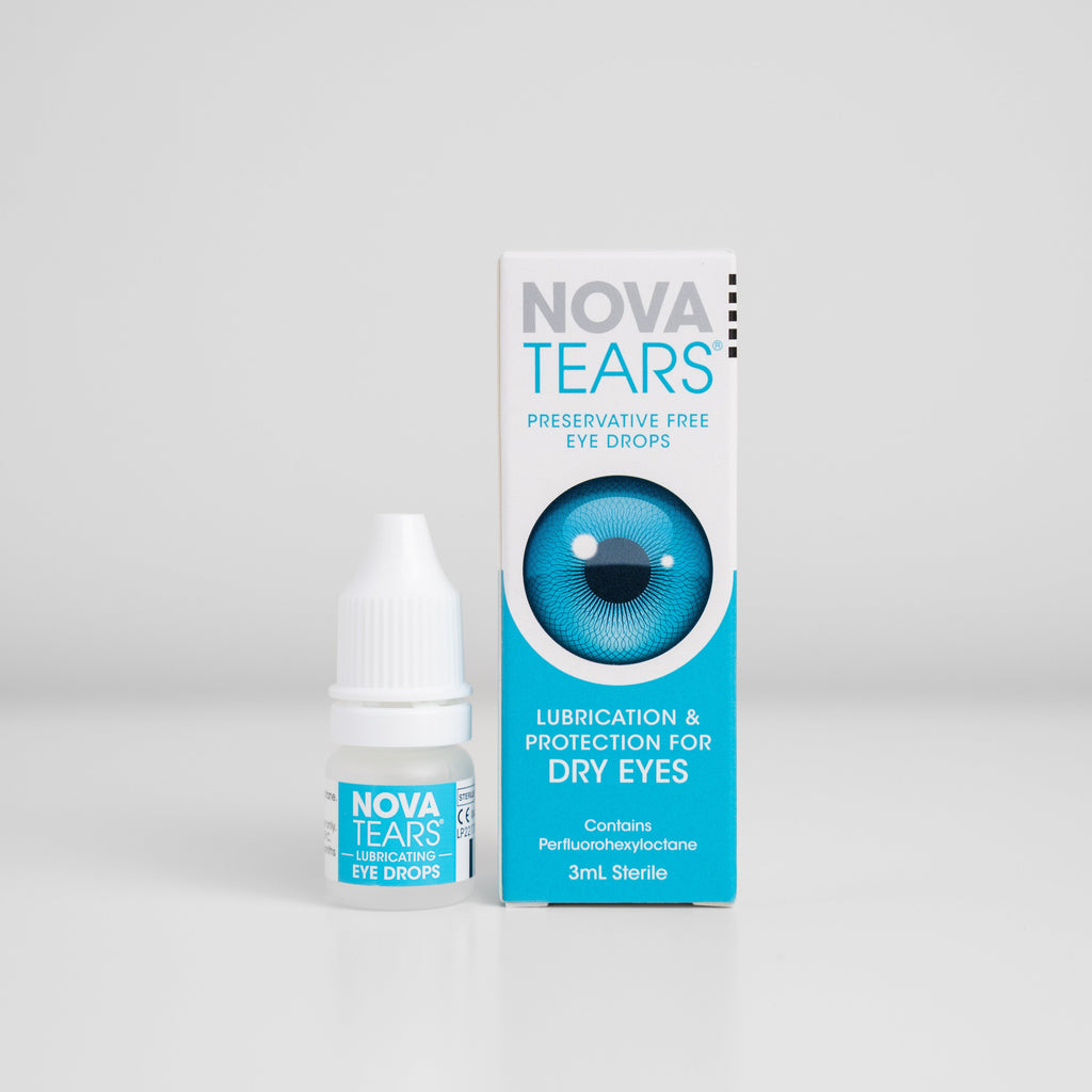 Box and bottle of NovaTears dry-eye relief drops preservative free