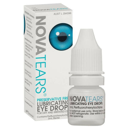 A 3ml bottle of NovaTears eye drops which provides long lasting relief from dry eyes.