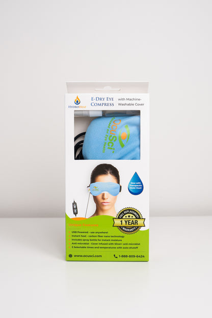 OcuSci E-Dry Eye Compress packaging with a woman wearing the compress on a white background