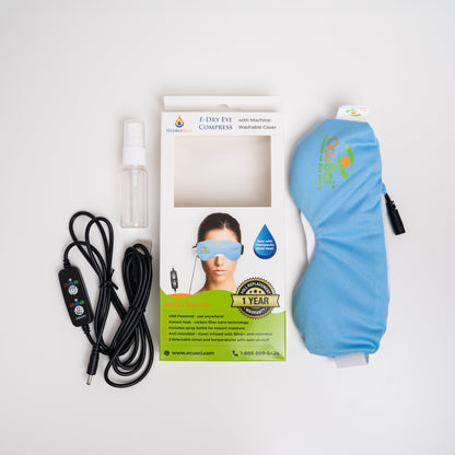 Ocusci E-Dry Eye Compress Eye mask, cable, and packaging on a white background