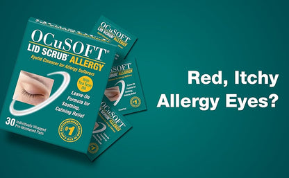 OCuSOFT Lid Scrub Allergy packaging on a teal background with text about red and itchy allergy eyes.