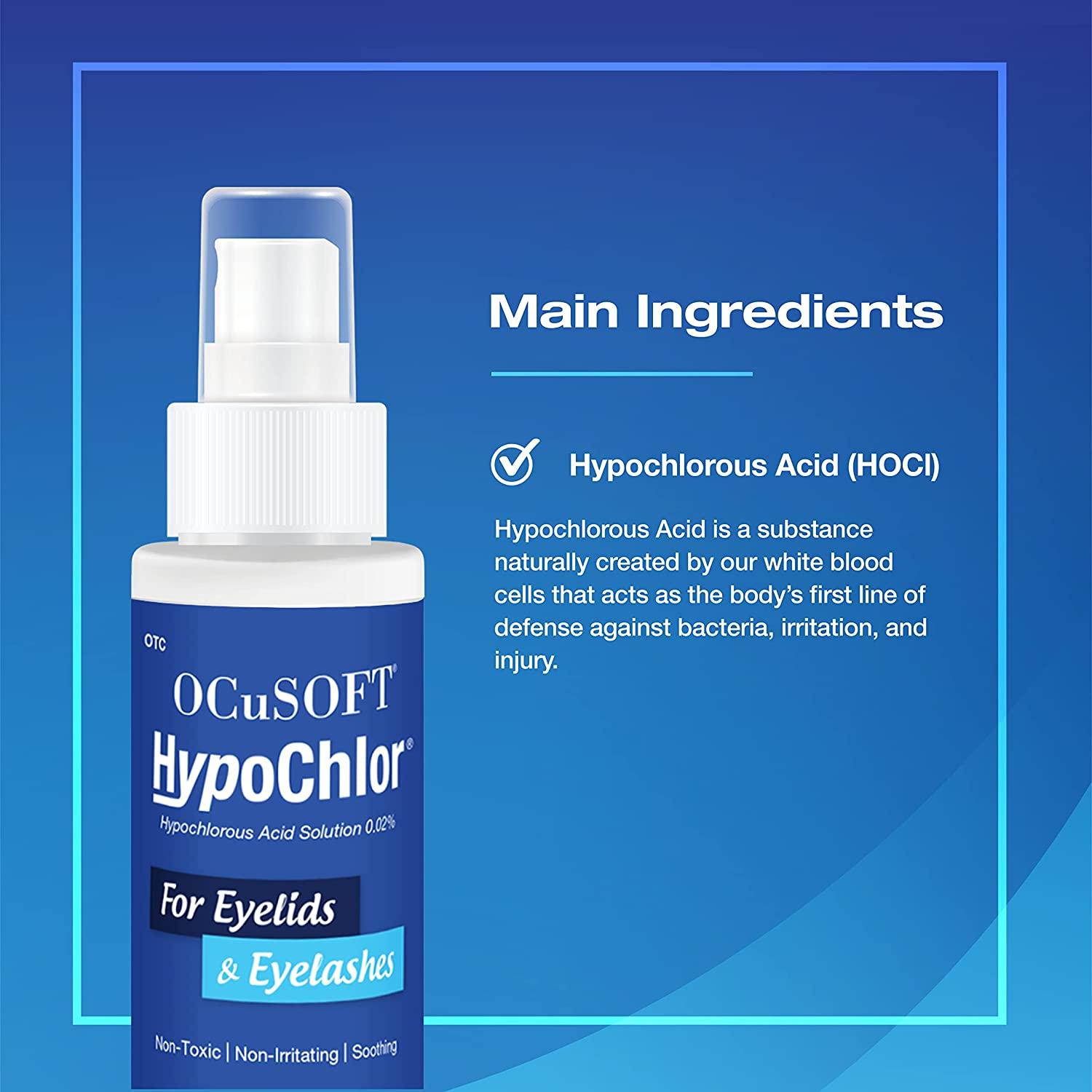OCuSOFT HypoChlor bottle with blue background and text about ingredients