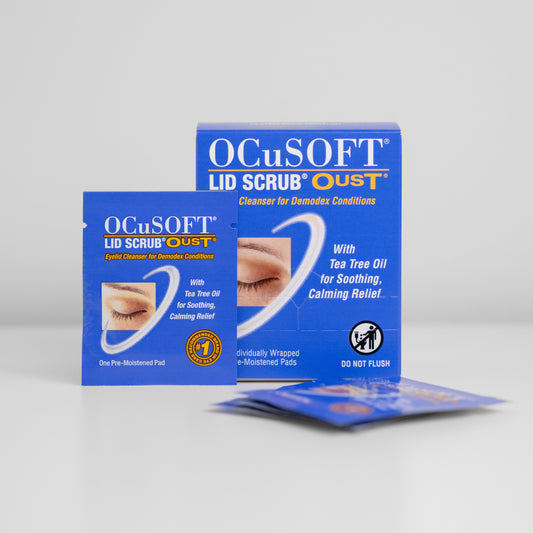 Box and sachets of Ocusoft Oust Demodex eyelid wipes