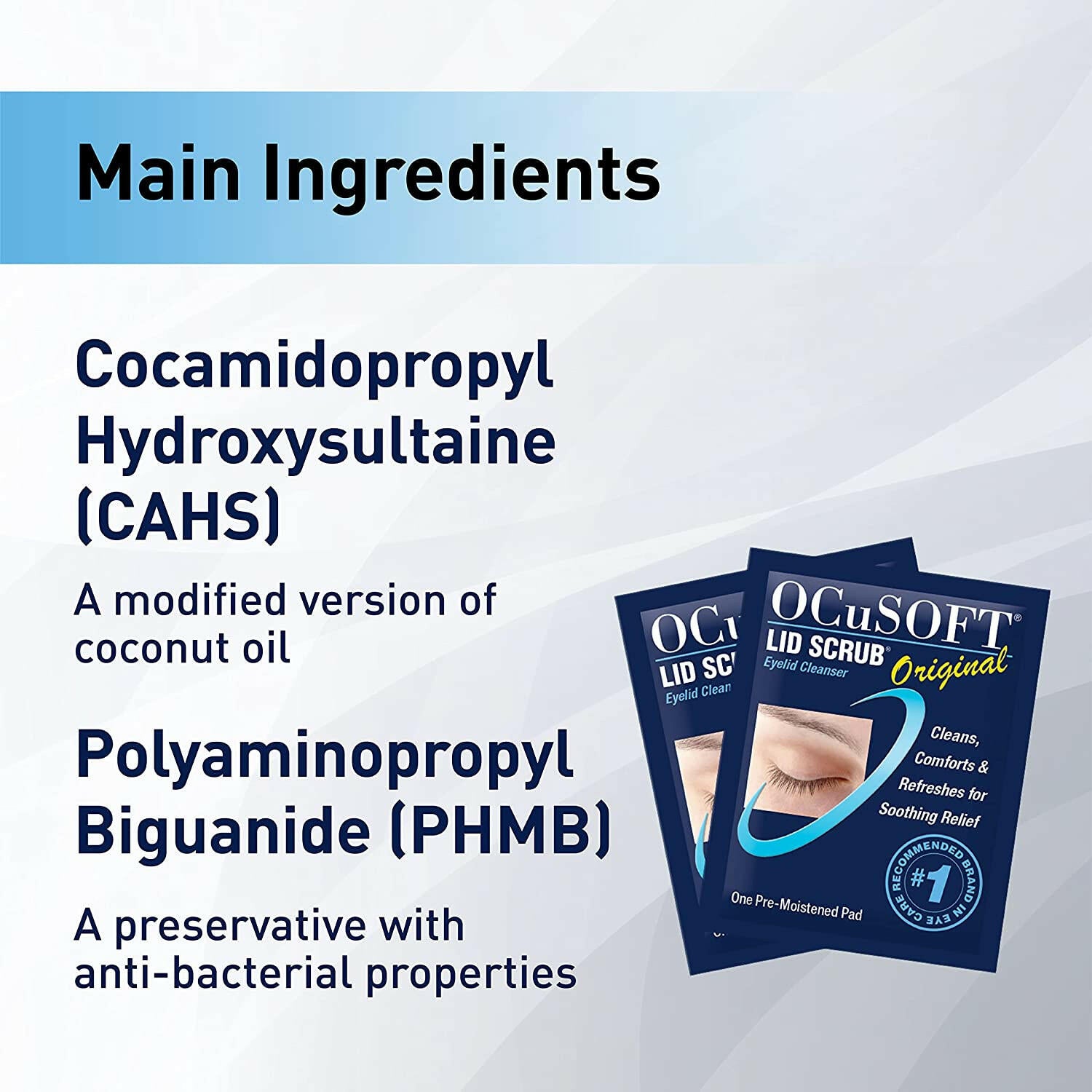 Ocusoft Lid Scrub Original Wipes Ingredients. A box of 30 Ocusoft Lid Scrub Original Wipes. Designed to treat mild to moderate cases of blepharitis and improve dry eye symptoms. 