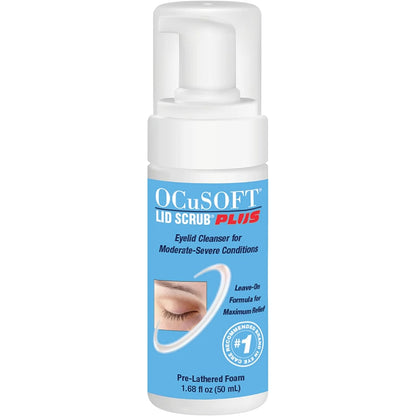 A 50ml bottle of Ocusoft Lid Scrub Plus Eyelid Cleanser designed for moderate to severe conditions of blepharitis that causes dry eyes.