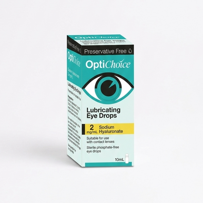 Box of OptiChoice Lubricating Eye Drops on a white background