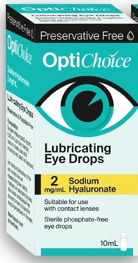 Box of OptiChoice Lubricating Eye Drops with an eye illustration on a white background