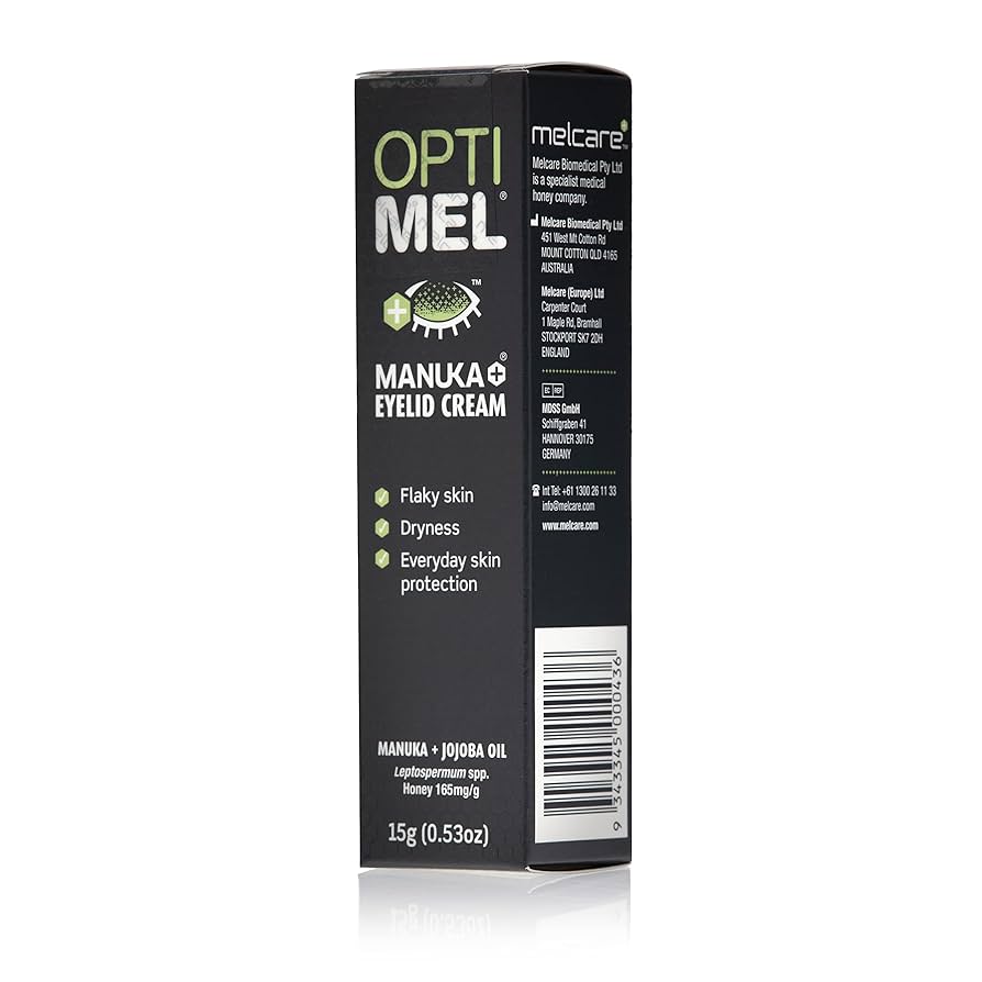 Box of Optimel Manuka Eyelid Cream on a white background