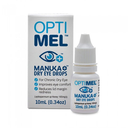 A bottle of Optimel Manuka Honey Dry Eye Drops - 10ml.