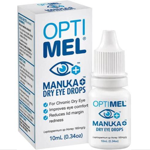 A view of 10ml bottle of Optimel Manuka Dry Eye Drops. Treats chronic dry eyes, improves eye comfort and improves blepharitis. 