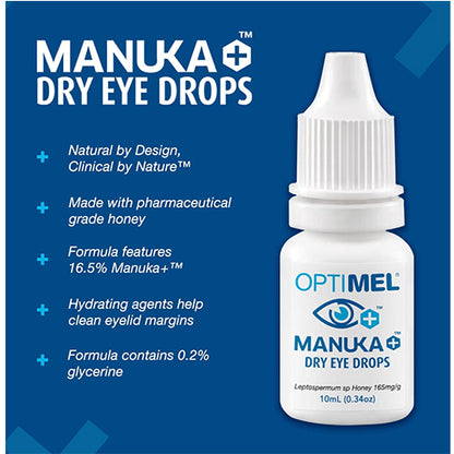 Details the benfits of a 10ml bottle of Optimel Manuka Dry Eye Drops. Treats chronic dry eyes, improves eye comfort and improves blepharitis. 