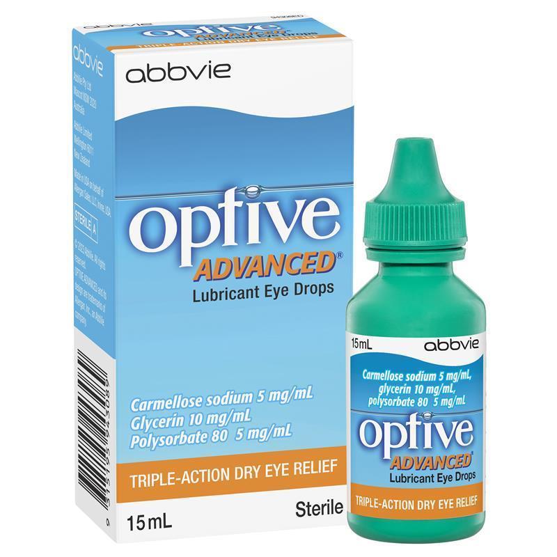 A 15ml bottle of Optive Advanced Lubricant Eye Drops. Triple action dry eye relief.