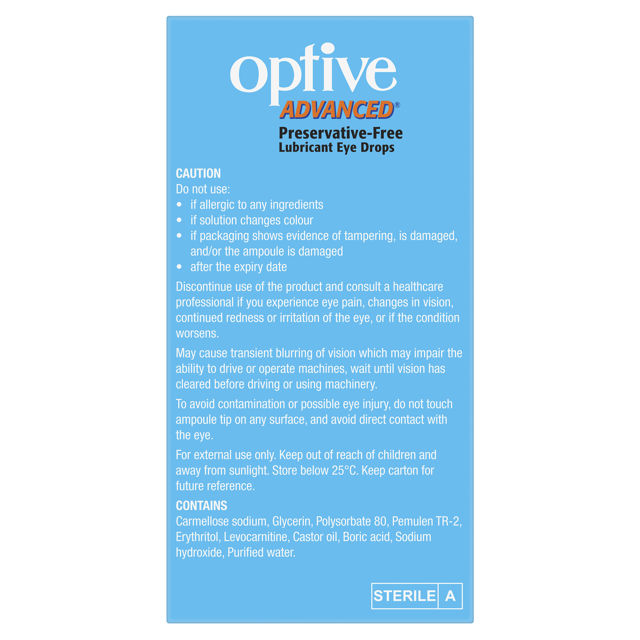 Optive Advanced Preservative Free Lubricant Eye Drops. Triple-Action Dry Eye Relief with Osmoprotection. Back of box includes cautions and warnings.