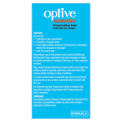 Optive Advanced Preservative Free Lubricant Eye Drops. Triple-Action Dry Eye Relief with Osmoprotection. Back of box includes cautions and warnings.