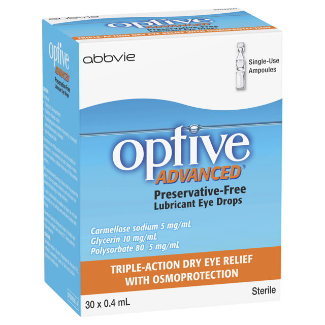 Optive Advanced Preservative Free Lubricant Eye Drops. Triple-Action Dry Eye Relief with Osmoprotection. Front of box.