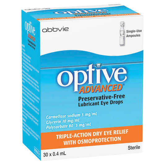 Optive Advanced Preservative Free Lubricant Eye Drops. Triple-Action Dry Eye Relief with Osmoprotection. Front of box.