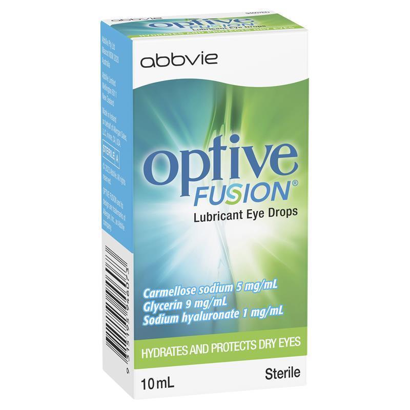 A box of Optive Fusion Lubricant Eye Drops. Hydrates & Protects Dry Eyes.