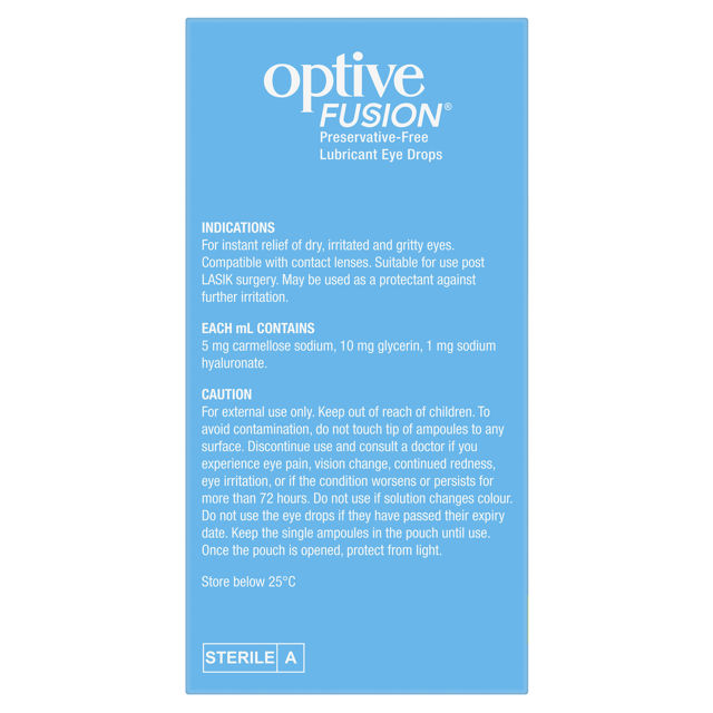 A box of Optive Fusion Preservative Free Lubricant Eye Drops - Single Use Vials. Includes key indications, ingredients, and cautions for use.