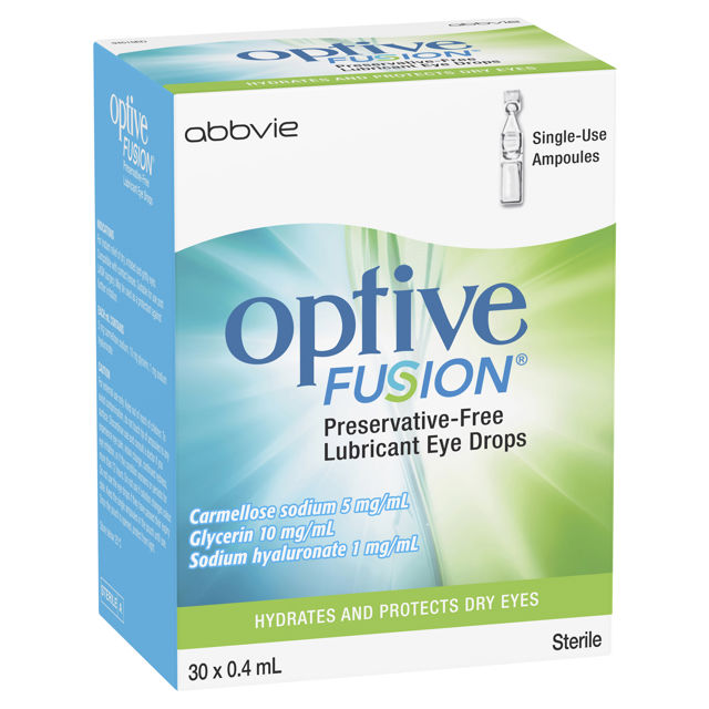 A box of Optive Fusion Preservative Free Lubricant Eye Drops - Single Use Vials. Hydrates and protects dry eyes.