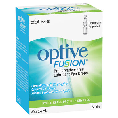 A box of Optive Fusion Preservative Free Lubricant Eye Drops - Single Use Vials. Hydrates and protects dry eyes.