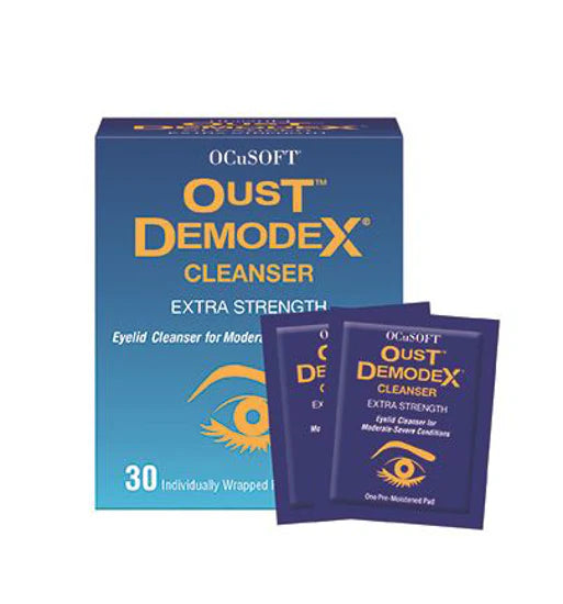 A box of 30 Oust Demodex Extra Strength Eyelid Wipes. Specifically formulated to target moderate to severe conditions of blepharitis that causes dry eyes. Targets demodex mites on the eyelid margins and eyelashes.