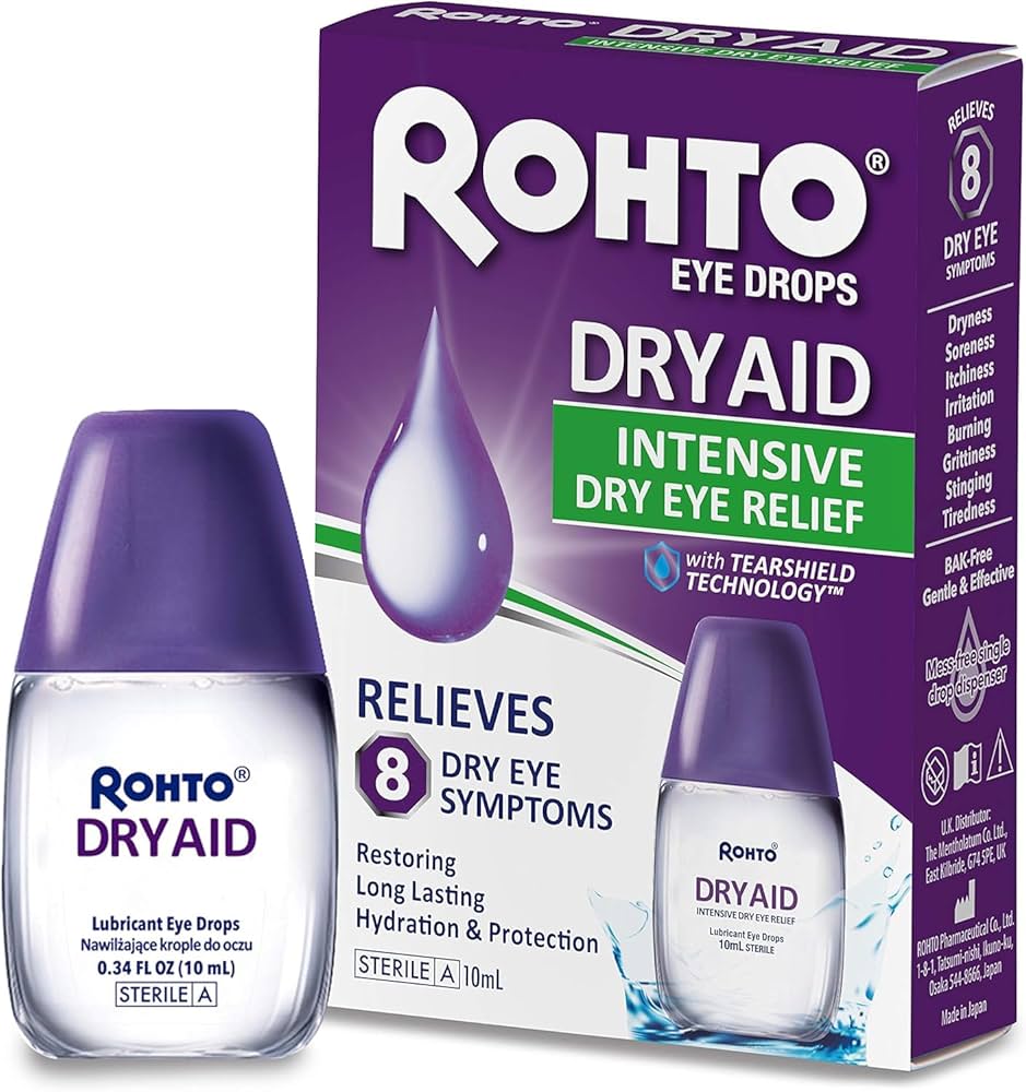 Rohto Dry Aid Eye Drops bottle and packaging on a white background