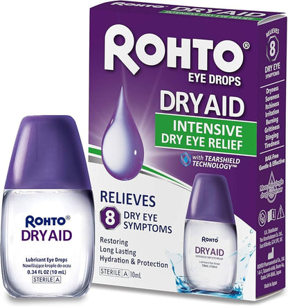 Rohto Dry Aid Eye Drops bottle and packaging on a white background