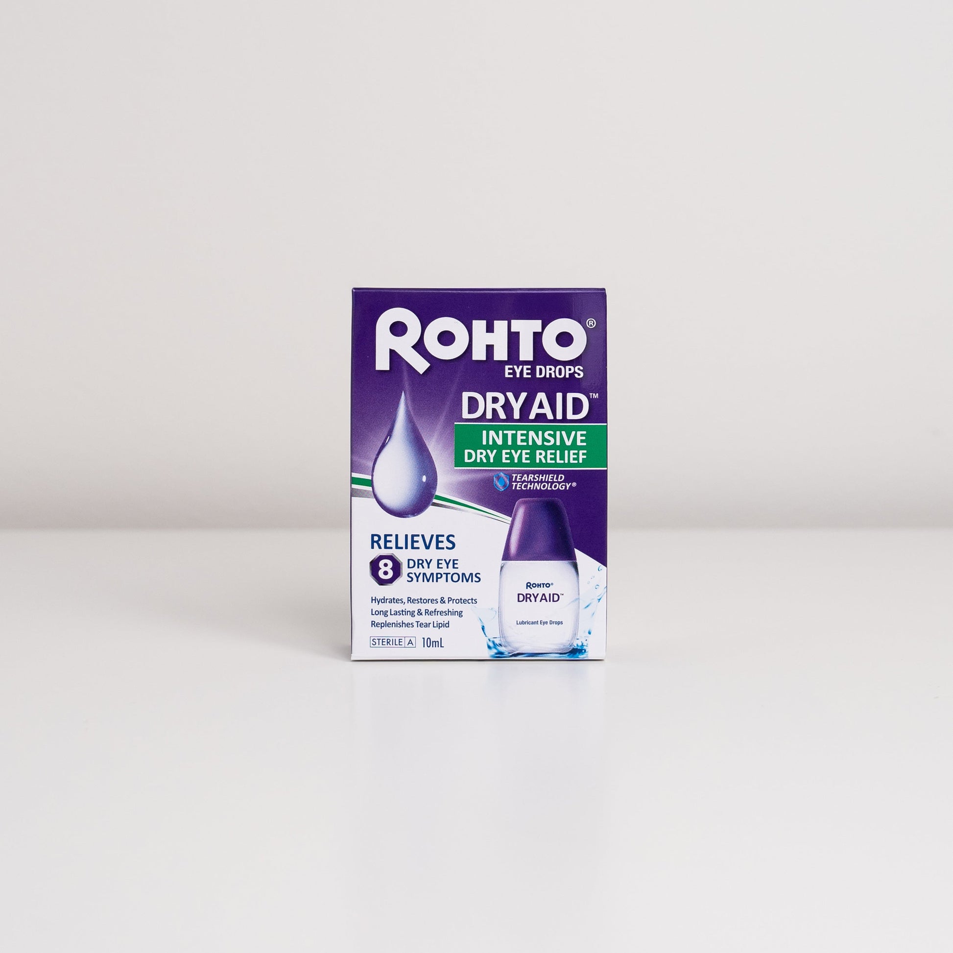 Rohto Dry-aid eye drops packaging on a white background. For intensive dry eye relief.
