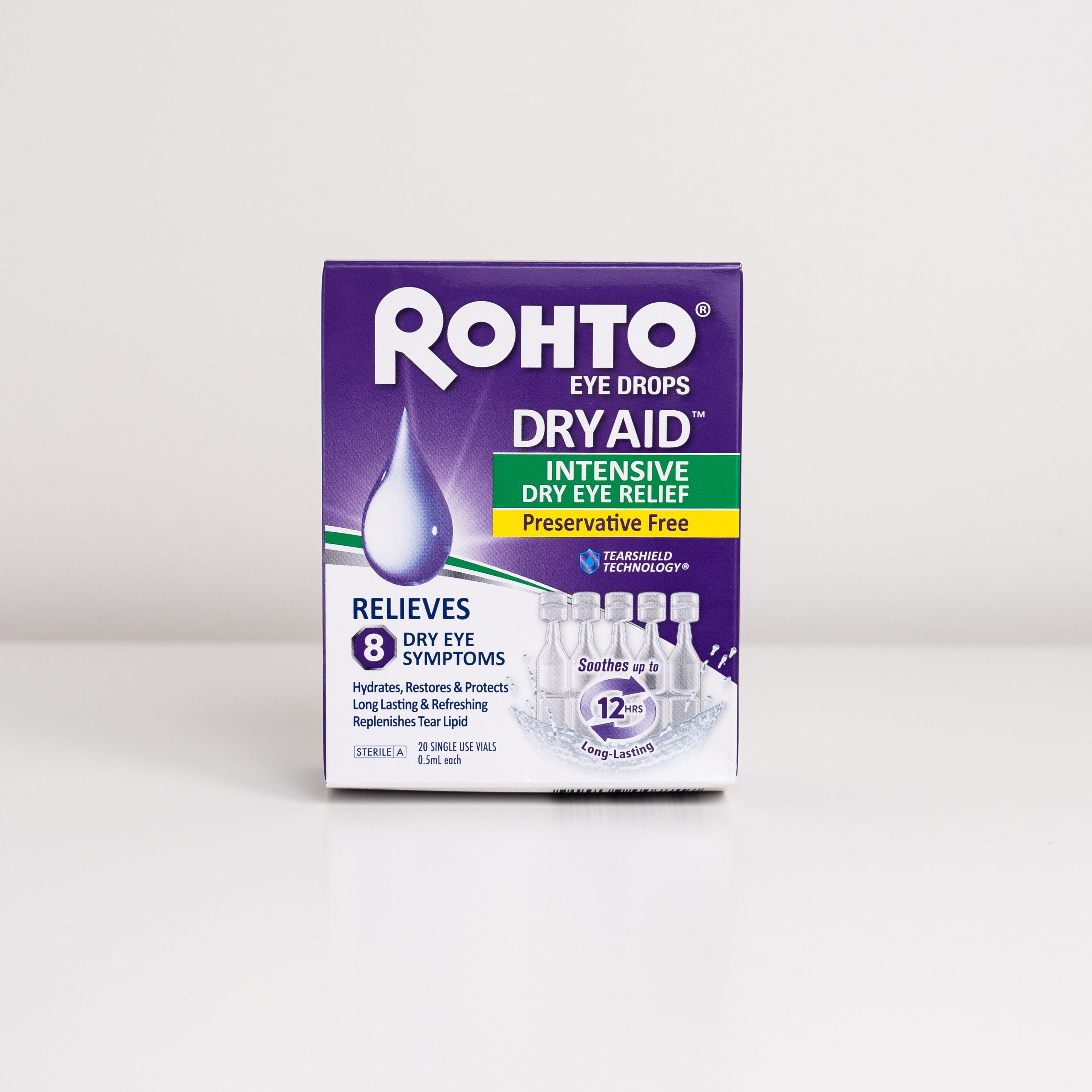 Rohto Eye Drops Dry Aid Intensive Dry Eye Relief Preservative Free box on a light grey background.