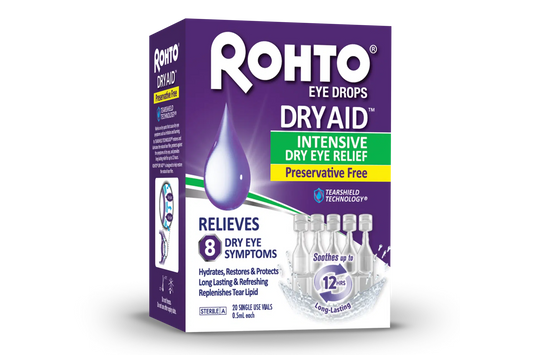 A box of Rohto Dry Aid Eye Drops Intensive Dry Eye Relief Preservative Free. Box includes 20 single use vials.