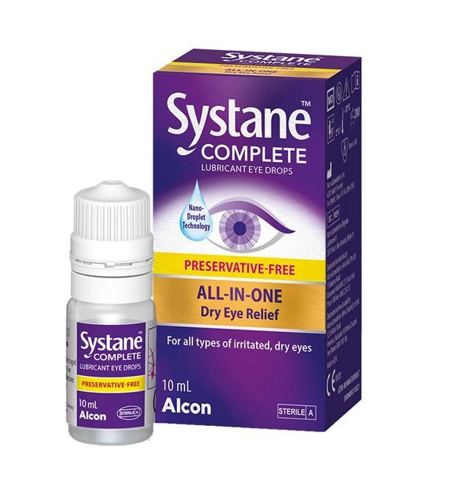 A bottle and box of Systane Complete Preservative Free Lubricant Eye Drops for all types of irritated or dry eyes