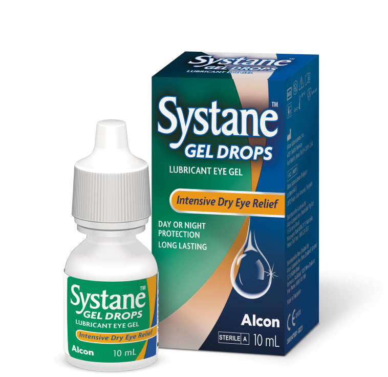 A bottle and box of Systane Eye Drops Lubricant Eye Gel for intensive dry eye relief. 