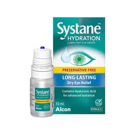 A bottle and box of Systane Hydration Preservative-Free Lubricant Eye Drops for Long Lasting Dry Eye Relief. Contains Hyaluronic Acid for Advanced Hydration.